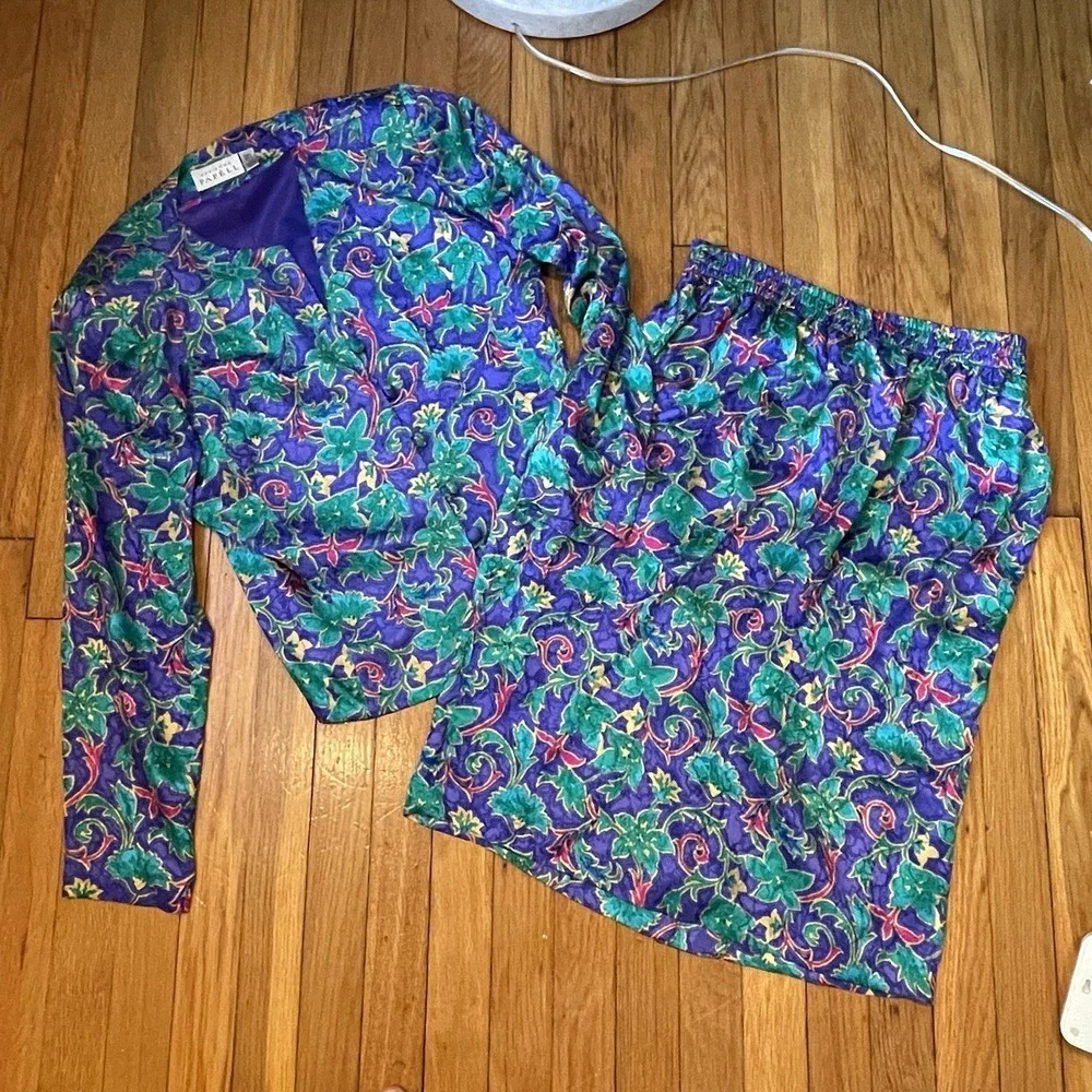 Vintage 80s Adrianna Papell 100% Silk 2 Pc Set Floral Jacket Skirt Size 12 EUC